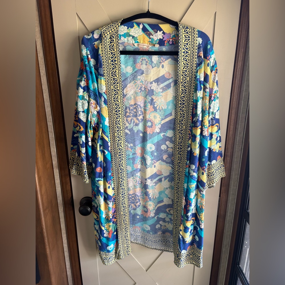 Soft Surroundings Open Front Kimono Cardigan Womens S/M blue Floral Artsy Boho